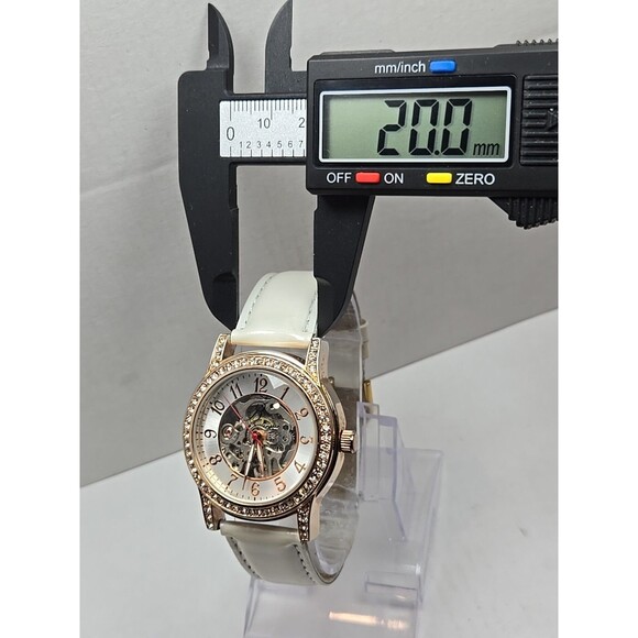 Burgi Automatic Skeleton Watch Rose Gold Crystal Bezel White Strap Exhibition - Picture 6 of 15